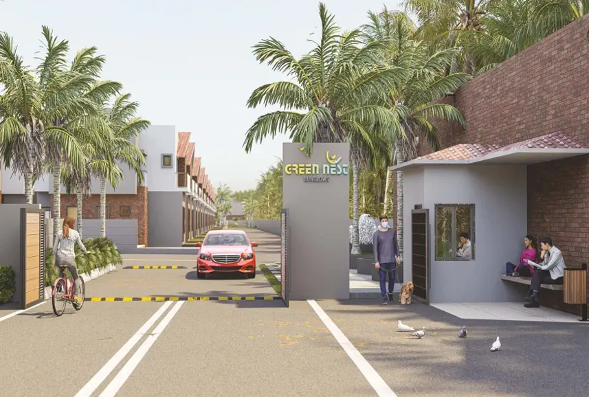 Gated villa community at Green Nest Surat with secure entry gate, ideal for premium bungalow investment
